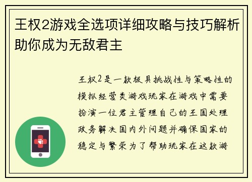 王权2游戏全选项详细攻略与技巧解析助你成为无敌君主