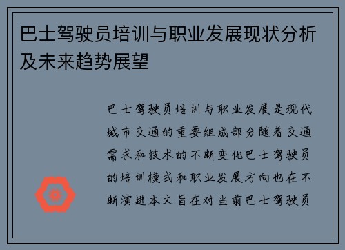 巴士驾驶员培训与职业发展现状分析及未来趋势展望
