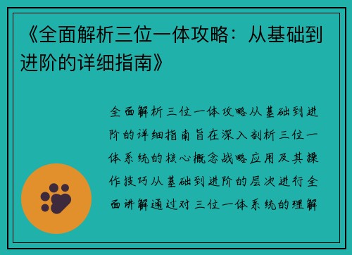 《全面解析三位一体攻略：从基础到进阶的详细指南》