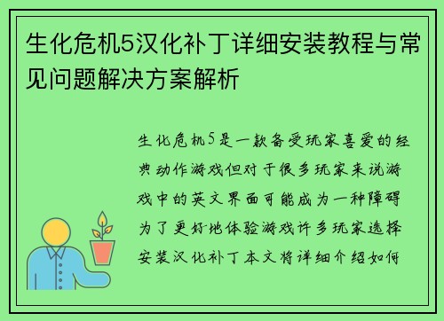 生化危机5汉化补丁详细安装教程与常见问题解决方案解析